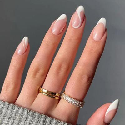 24pcs Nails Art Wavy Lines Long and Short Square Fake Nails Full Cover False Nail Almond