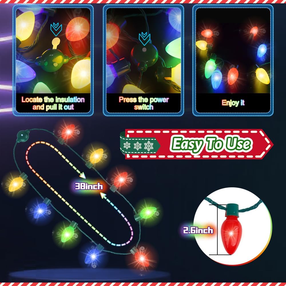 Christmas Necklace Toys for Kids, Light up Falshing LED Light Necklace with Bulbs for Adults, Ugly Xmas Birthday Wedding Rave Carnival New Year