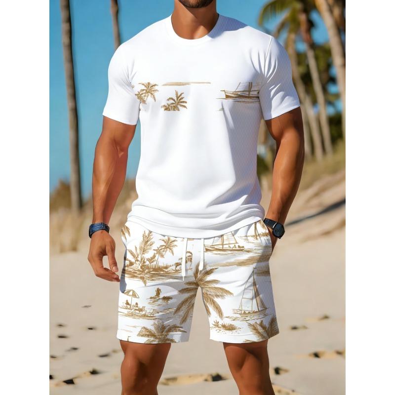 Traje deportivo casual transpirable para exteriores y ocio, traje de camiseta de cuello redondo y pantalones cortos para hombre, traje de verano con estampado digital para hombres y adultos