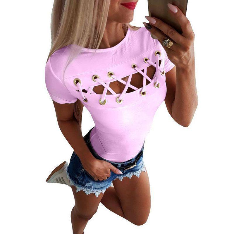 Elegant Sexy Ladies Women's Short Sleeve Cross Lace Up Bodycon Blouse Tops Slim T-shirt