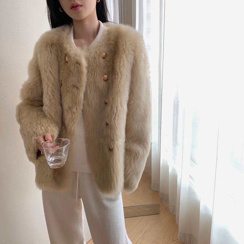 

Женская куртка из искусственного меха, новая зимняя, двубортная, имитация лисьего меха, с хлопковым утеплителем, легкий ретро-топ, трендовая S абрикосовый