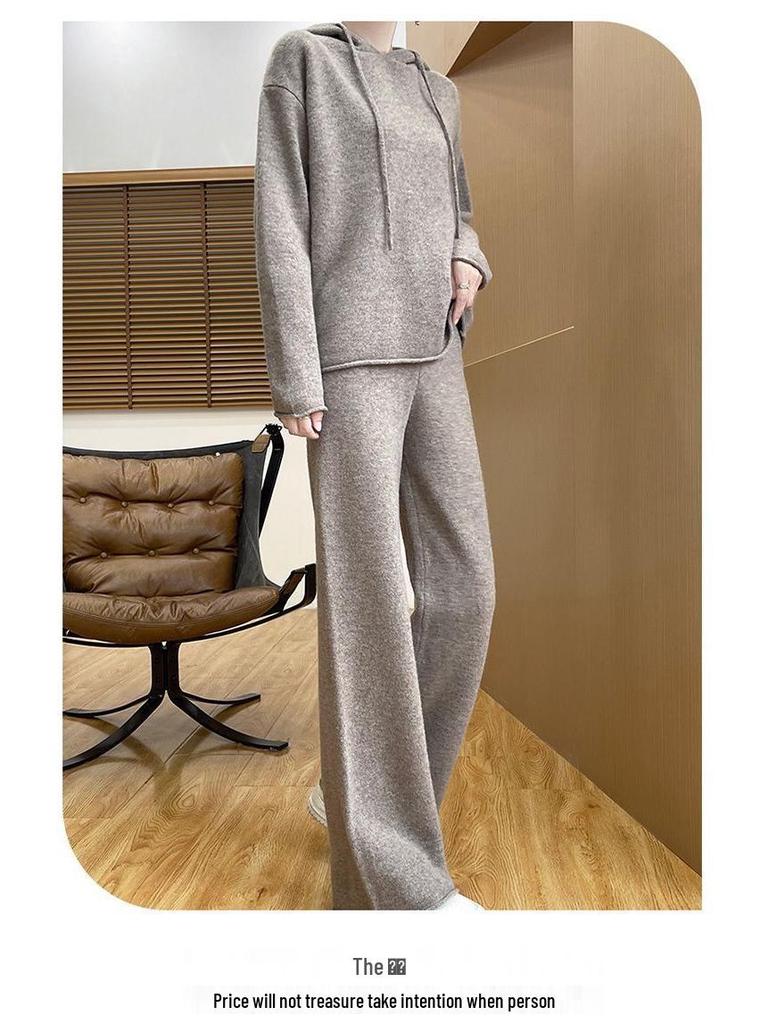 Koreanischer Stil Herbst/Winter 2025 Damen Kapuzen-Strickpullover & Weitbeinige Hosen Set