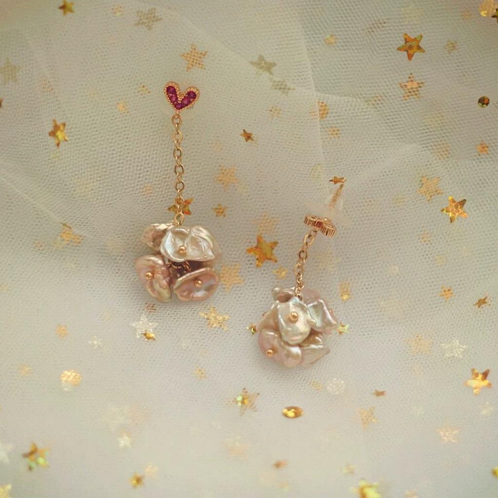 Hydrangea natural baroque pearl keshi earrings, long love European and American style silver needle earrings exquisite earrings