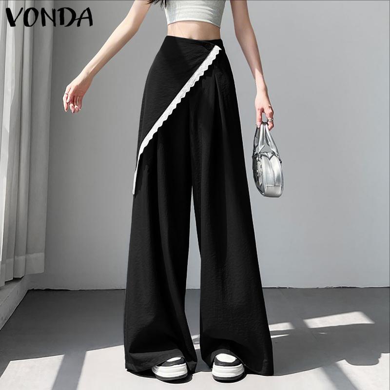 

VONDA Women Irregular Wrap Elastic Waist Patchwork Lace Hem Casual Long Pants Trousers 5XL синій