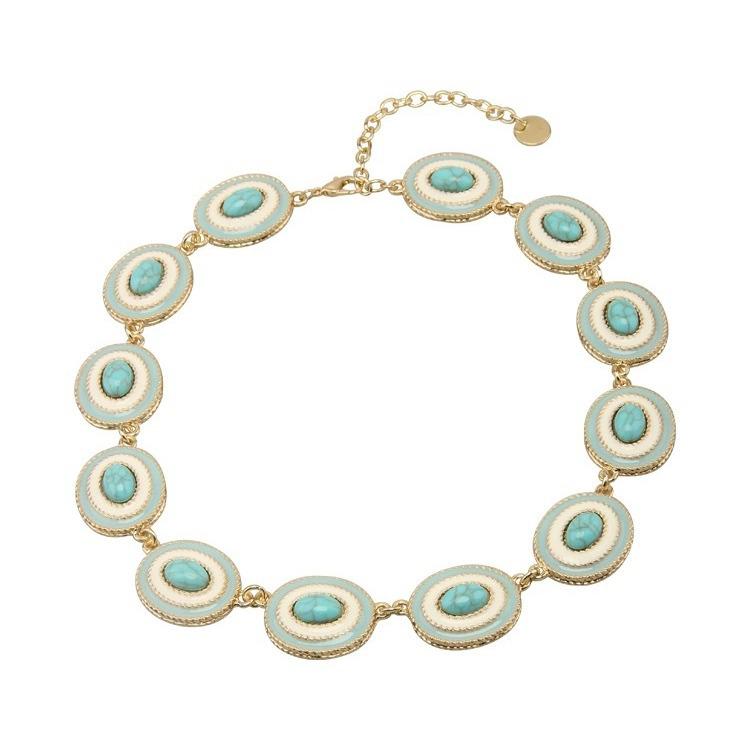 French Retro Oval Turquoise Enamel Earrings & Necklace with Natural Stone