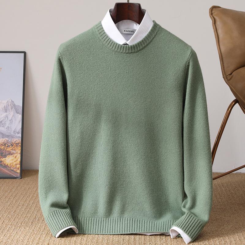Men's Pure Wool Thickened Winter Pullover - Color Block Round Neck Cashmere Sweater
