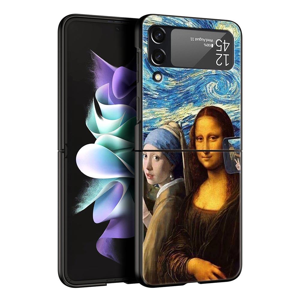 For Samsung Galaxy Z Flip 3 4 5 Hard Black Folding PC Phone Case Mona Lisa Van gogh Oil Painting Art For Samsung Z Flip3 Cover