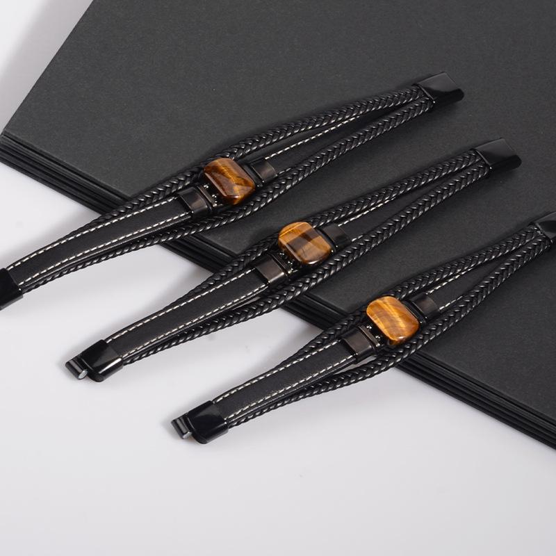 Men's Multi-Layer Tiger Eye Leather Bracelet with Magnetic Clasp and Stainless Steel Accents