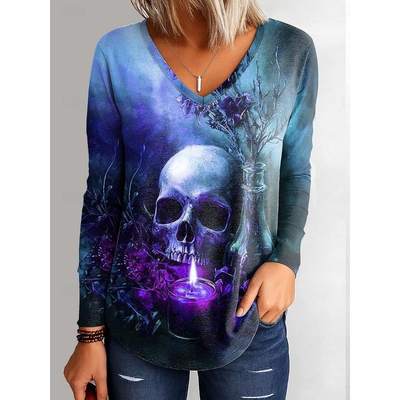 2025 Halloween Women's T-Shirts Graphic Skull Elegant Vintage Tee Long Sleeve T-shirts V-Neck Regular Tops Casual Pullover Fall