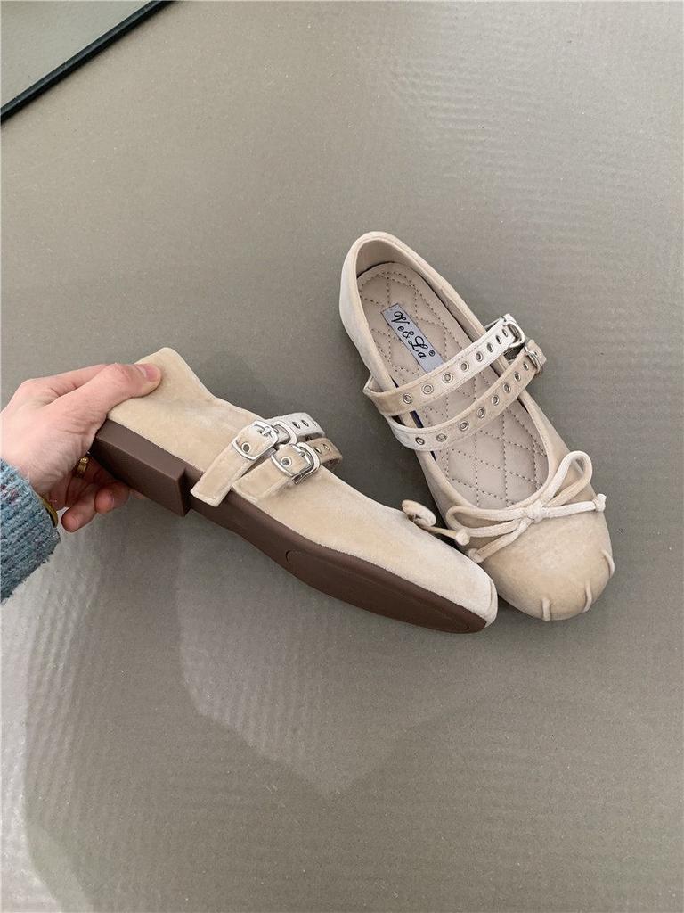 Fashion Flat Shoes for Women 2025 Spring and Autumn New Velvet Bow Mary Jane Round Toe Shallow Mouth Flat Ballet Shoes Single Shoe