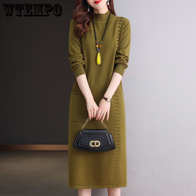 Knitted Dress Knee-length Women's Mid-length Loose Dress Plus-size Sweater Dress Solid-color Casual Half Turtleneck Pullover