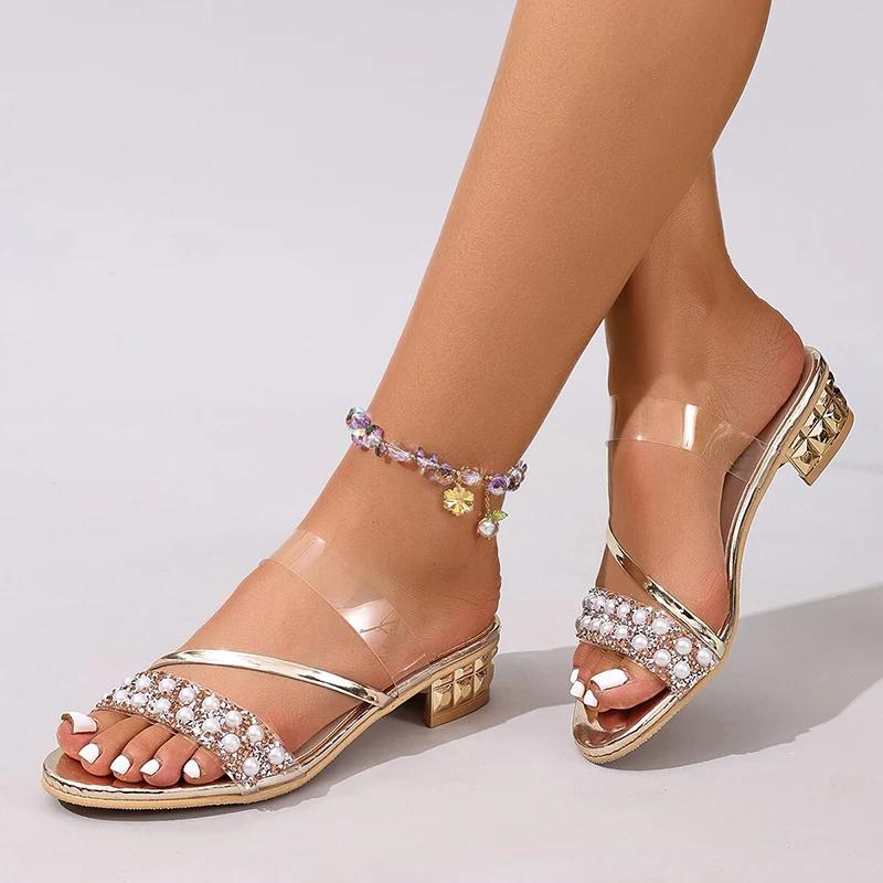 Fashion Pearl Decoration Low Heels Slippers for Women 2025 Summer Plus Size Fashion Gold Sandals Woman Comfort Outdoor Beach Slippers