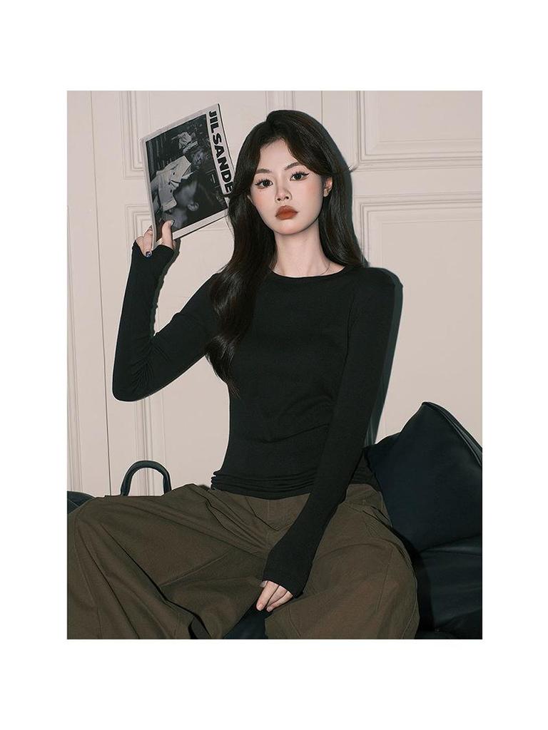 Women's Black Round Neck Long Sleeve T-Shirt, 2025 Autumn/Winter Slimming Basic Base Layer Top