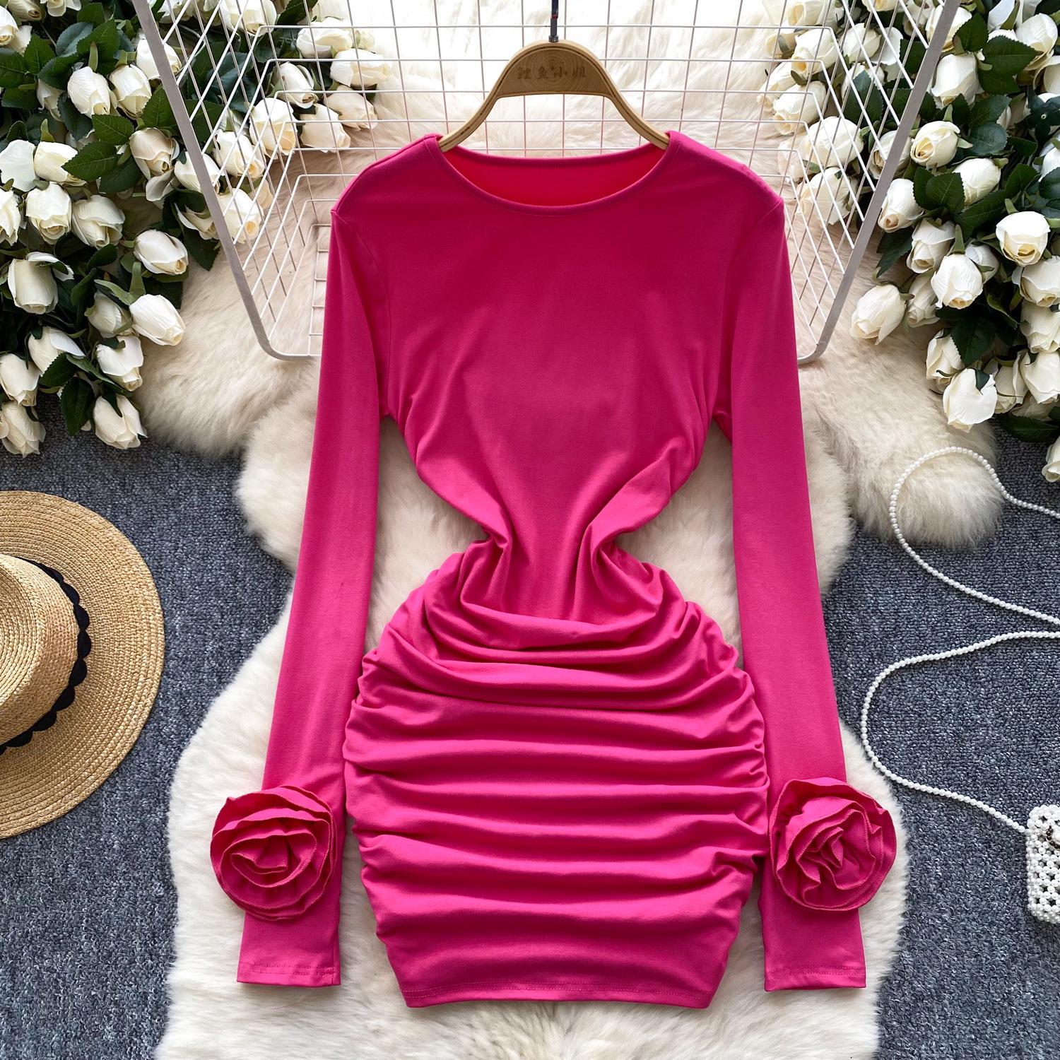 

Сексуальное платье-футляр на бедрах, женское осеннее платье с объемными цветами, с длинными рукавами, облегающая короткая юбка One size розы красного