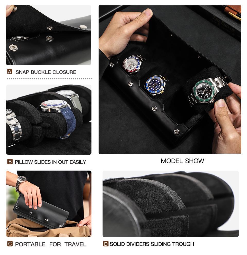 CONTACTS FAMILY Leather Anti-Fall Watch Box: Portable Three-Piece Mechanical Watch Storage Case