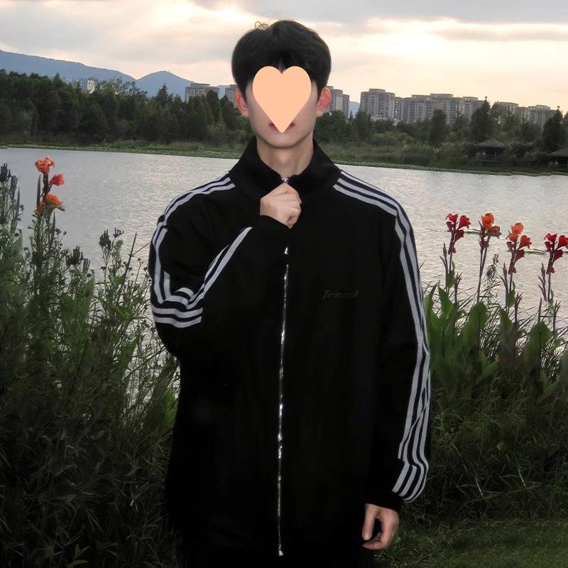 Autumn New Raglan Striped Suede Jacket for Men, Loose, Casual and Versatile Stand-up Collar Jacket