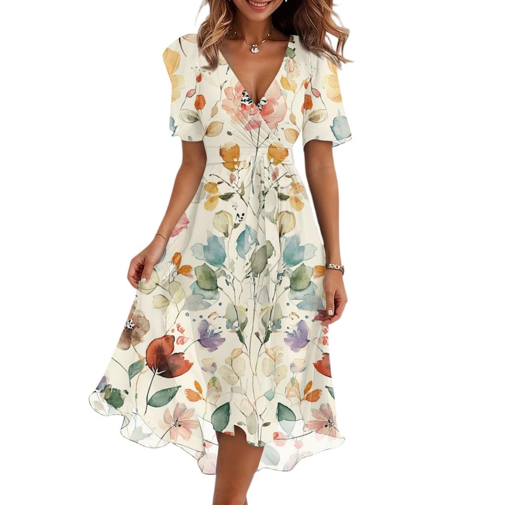 Damenmode Lässig V-Ausschnitt Kurzarm Rüschen Vintage Bedruckte Kleider