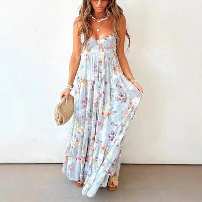 Boho Blumenmuster Chiffon Maxikleid mit Spaghettiträgern Fließend Lockerer Schnitt Hohe Taille Urlaub