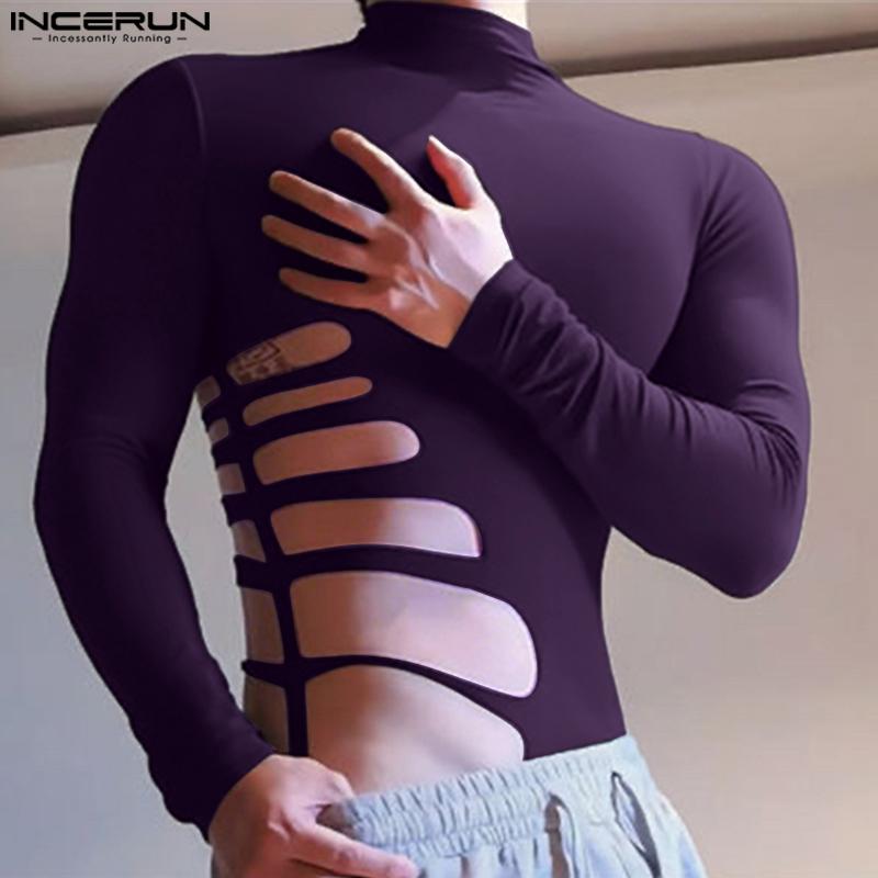 INCERUN Magliette intime casual aderenti a maniche lunghe con collo alto e cut-out con fasce da uomo
