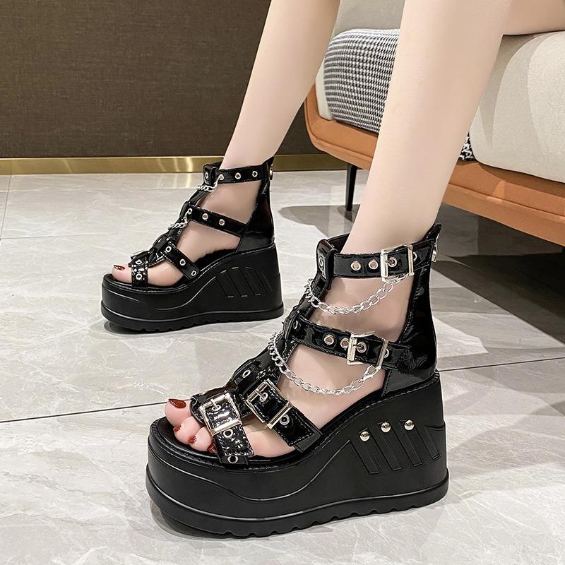 Comemore 10Cm Wedges High Heels Height Increasing Peep Toe Shoes Heel Shoe  Gothic Buckle Platform Sandals Women Cool Boots