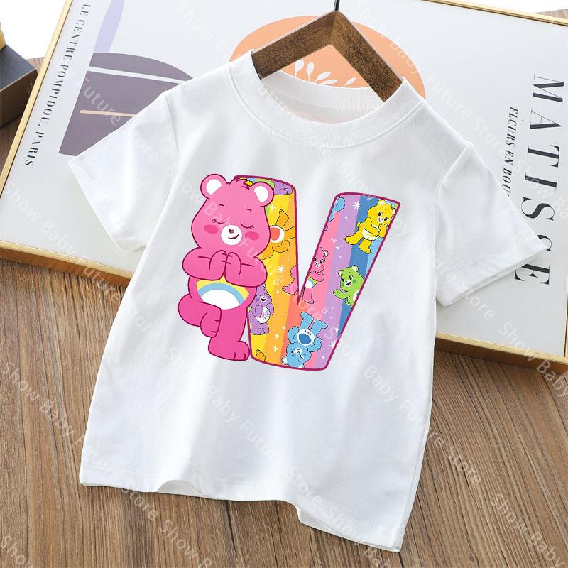 Care Bears Letter AZ T Shirt for Boys Girls Cartoon Name Clothes Tops Summer Breathable Cute Anime Short Sleeve Birthday Gifts