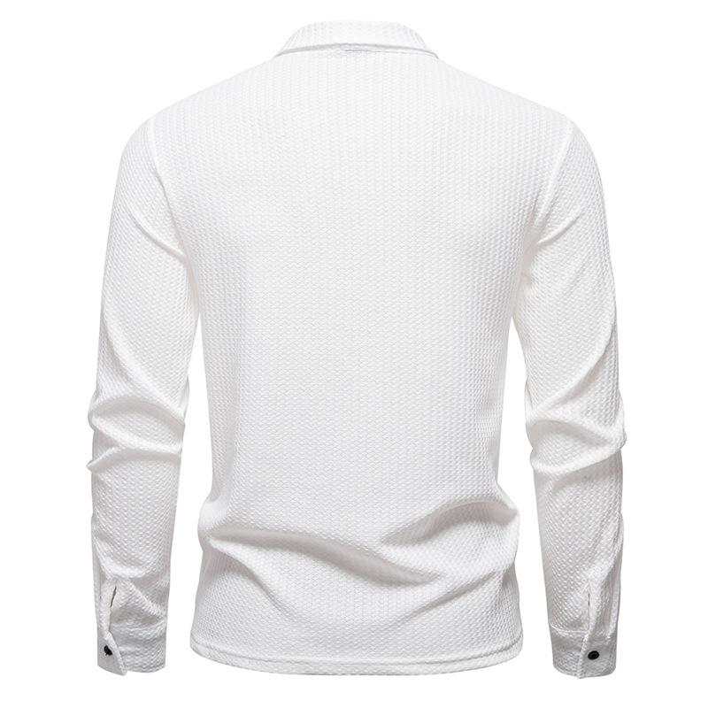 Men's Long Sleeve Polo Shirt Casual Textured Top for Men Spring Autumn Fashion Multi-Color Button-Down Collar Male Blouse