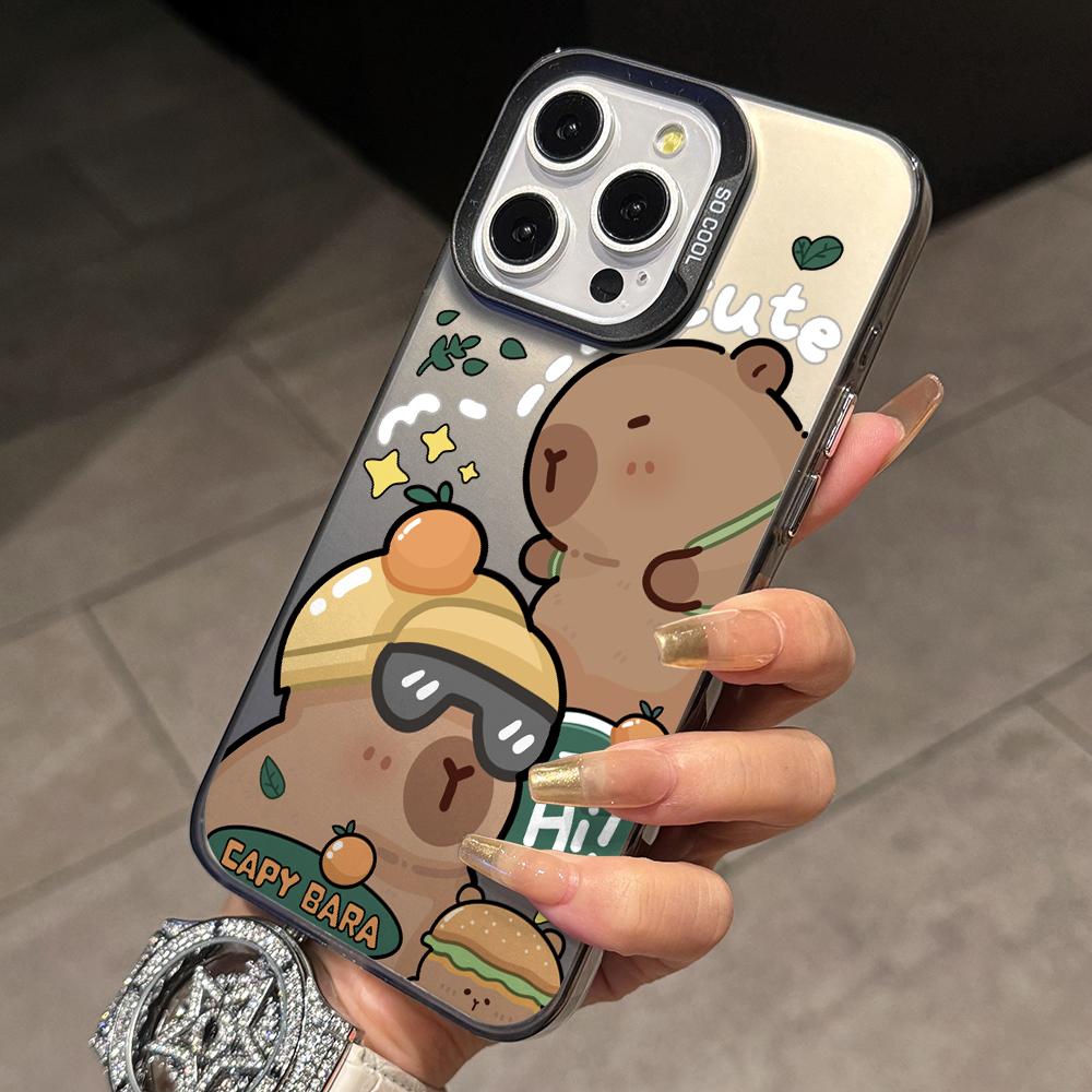 Lovely Cartoon Capybara Phone Case for iPhone 17 Air 16 16e 15 14 Plus 13 12 11 Pro Max X Xs XR 8 Colorful Silver Hard Cover