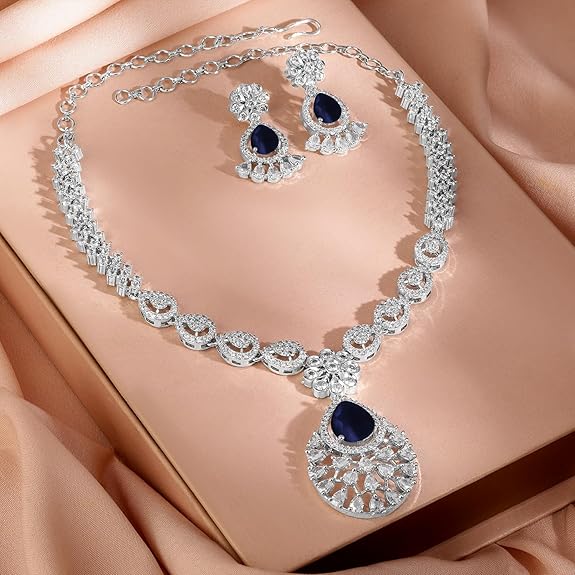Necklace Set Teardrop American Diamond Zirconia Studded Stylish Jewellery Gift for Women & Girls