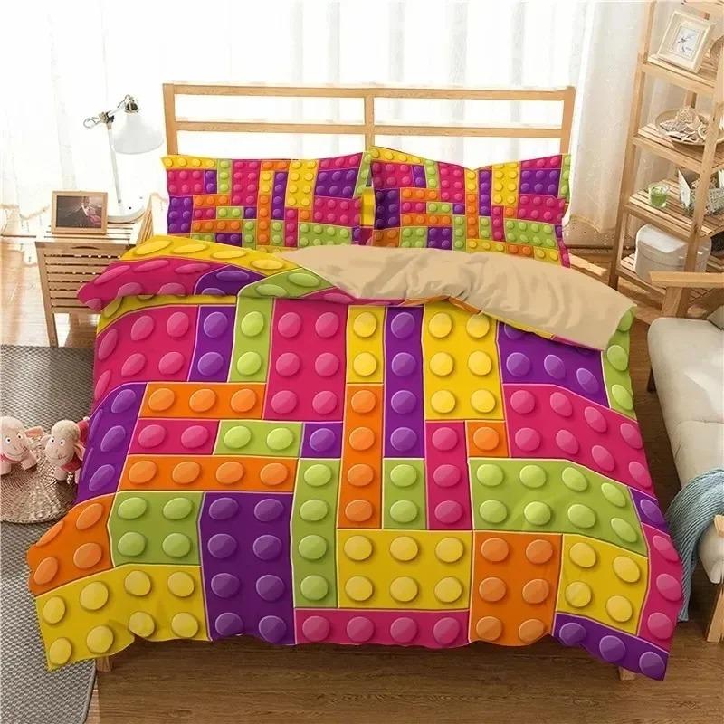Colorful Toy King Queen Duvet Cover 3D Building Block Pattern Bedding Set Fun Brick Quilt Cover Gradient Rainbow Comforter Cover