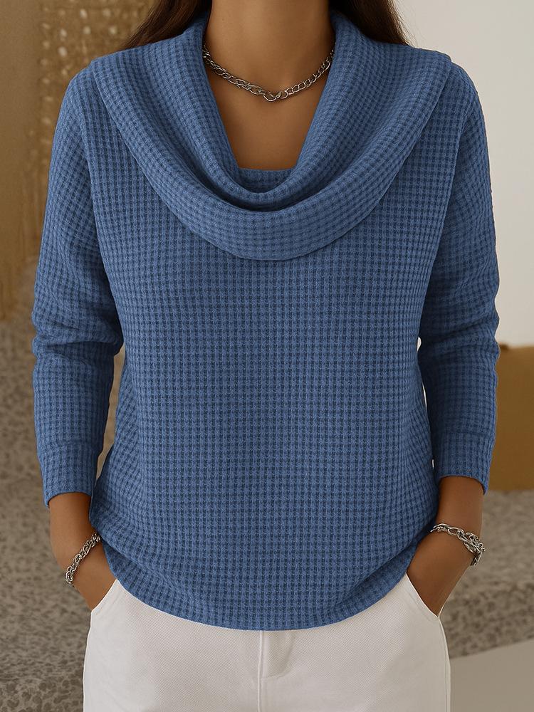 Women's Cross-Border Casual Solid Waffle Knit Long Sleeve Pullover for Spring and Autumn