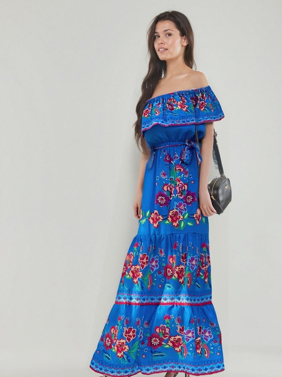 

Макси-платье с открытыми плечами и цветочным принтом, с оборкой на вырезе и завязкой на талии S синий