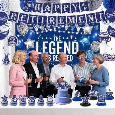 Blue Retirement Party Supplies Decoration Flag Set Blue Retirement Paper Flower Ball Background Arrangement