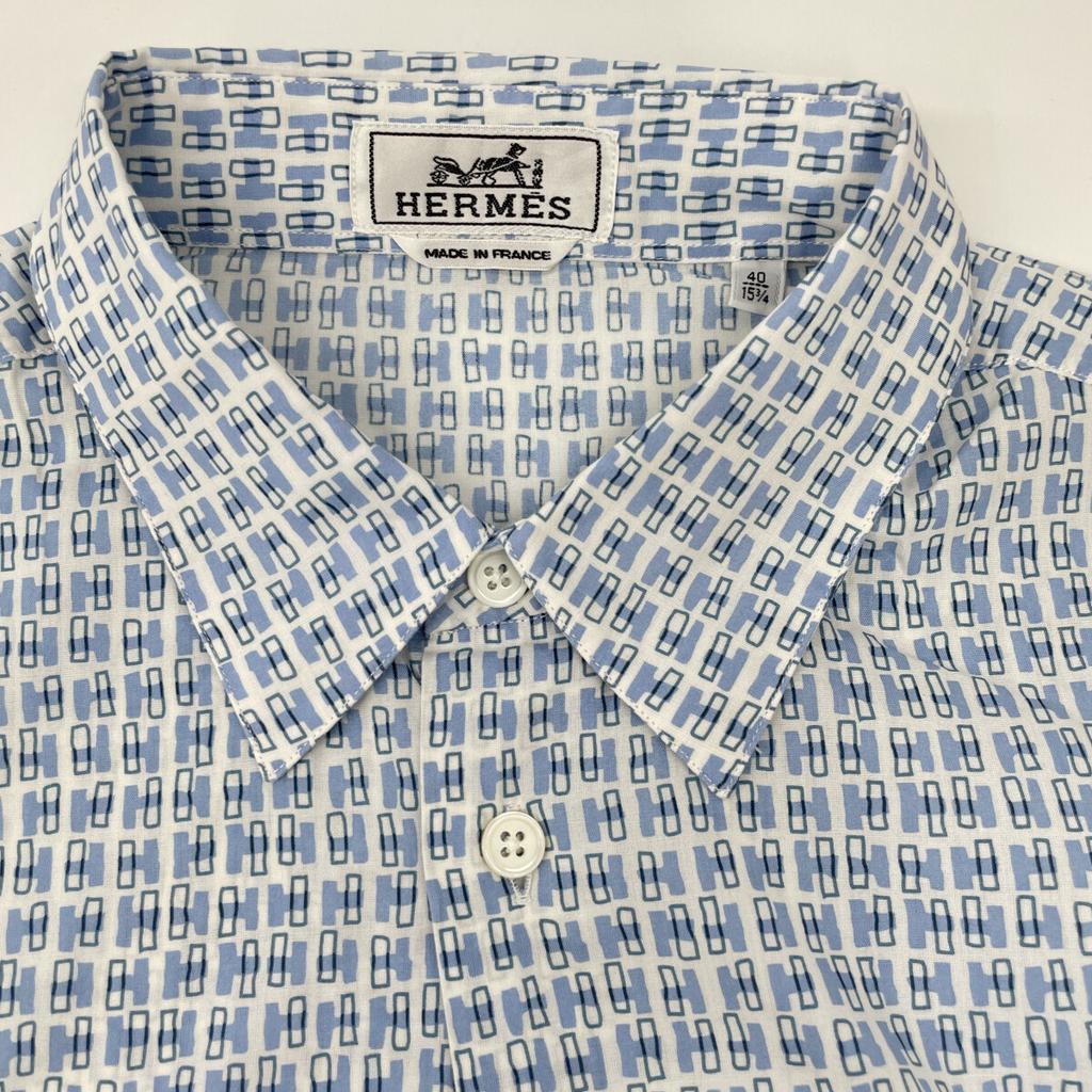 HERMES Blue x White Cotton H Motif Serie Button Long Sleeve Button Shirt tops 40 Blue x whiteUsed
