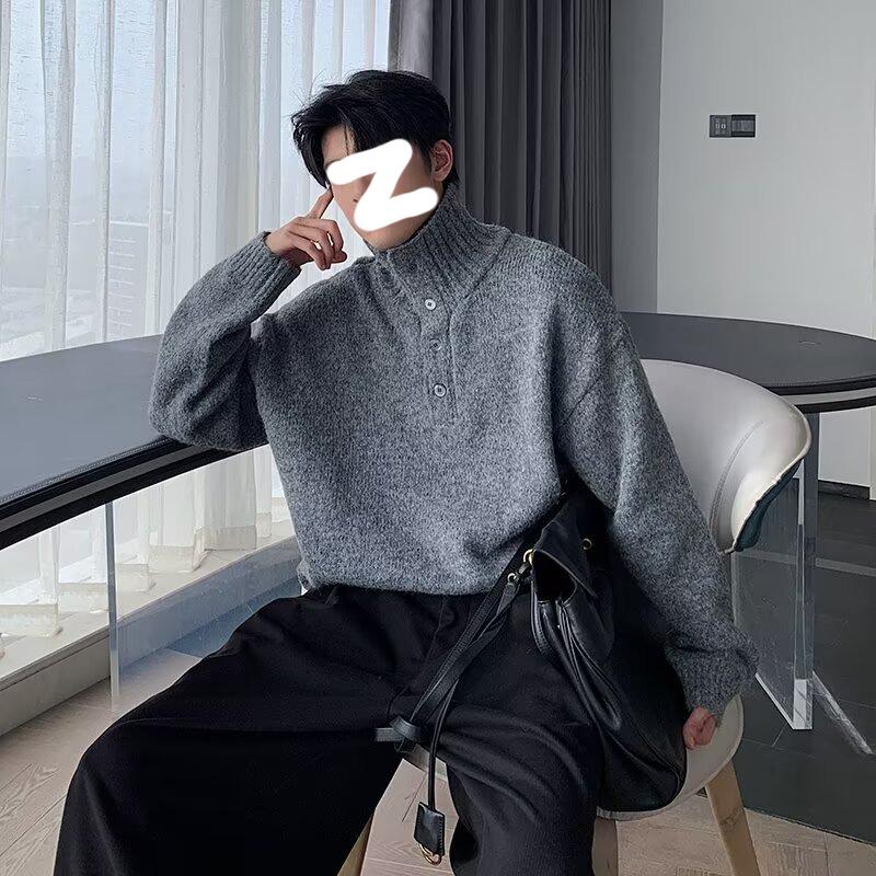 2025 Men's Korean Style High Neck Wool Sweater - Autumn/Winter Knitted Loose Fit