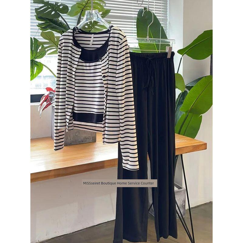 

Italy Accessible Luxury ~ Aibo Jie Coffee Color with Stripes Pajamas Women s Spring Fall and Winter Vest with Chest Pad Three-Piece Home Wear Black M