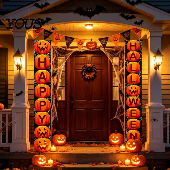 Halloween Festive Decor Porch Sign Banner, Pumpkin Ghost Party Awning Hanging Wall Atmosphere Decoration Door Decoration, Front Wreath Banner