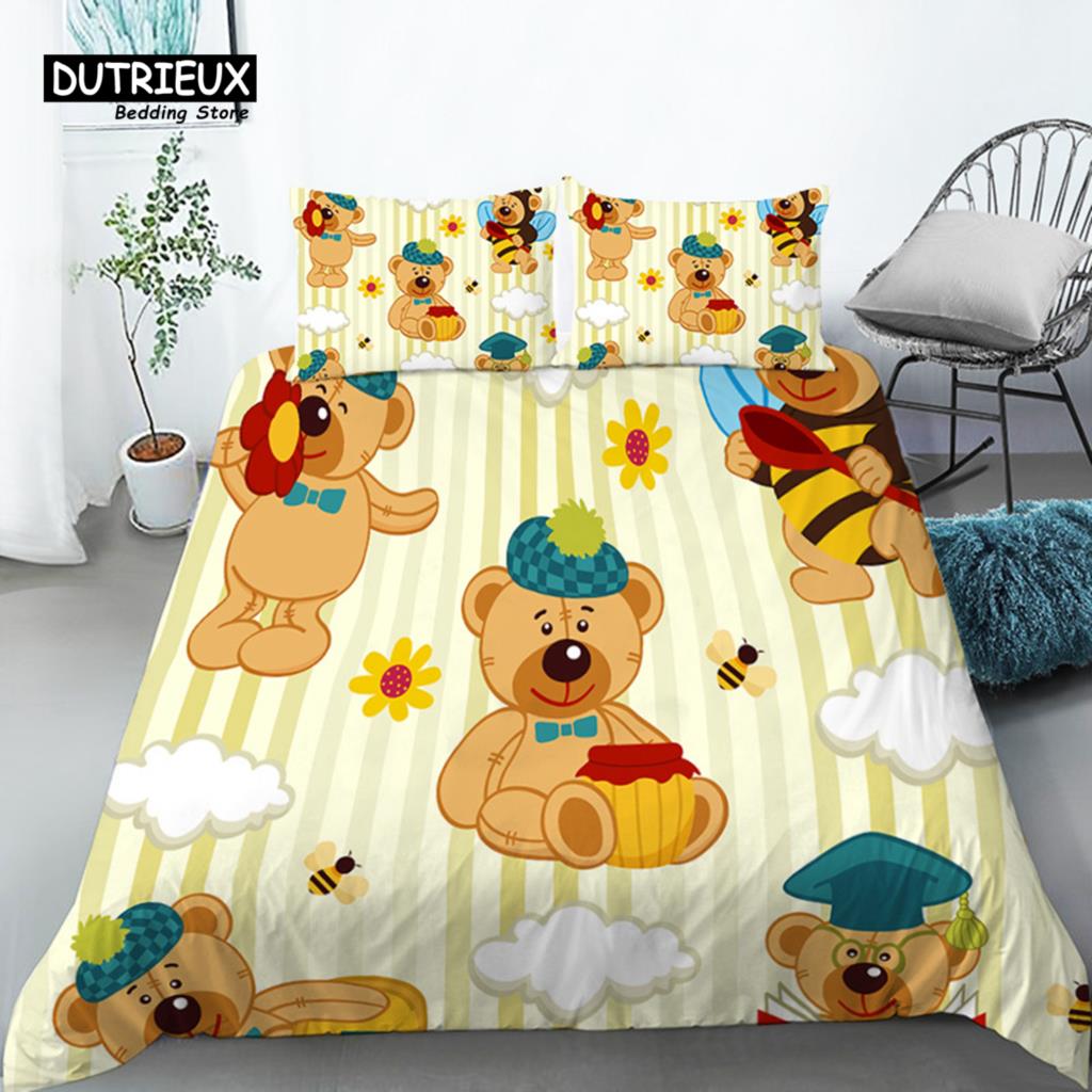 Funny Cartoon Animals Duvet Cover With Pillowcases Bear Chicken Rabbit Lions 3D Print Toddler Bedding Set For Kids Teens Decor