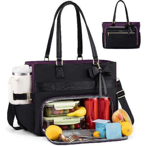 LOVEVOOK Lunch Bag, Tote Bag for Women with Insulated Lunch Compartment, Laptop Bag with Large Capacity & Cup Holder, Work Tote for Teacher, Nurse,