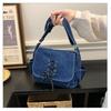 Korean Style Denim One-Shoulder Bag with Drawstring, Large Capacity Crossbody for School and Travel