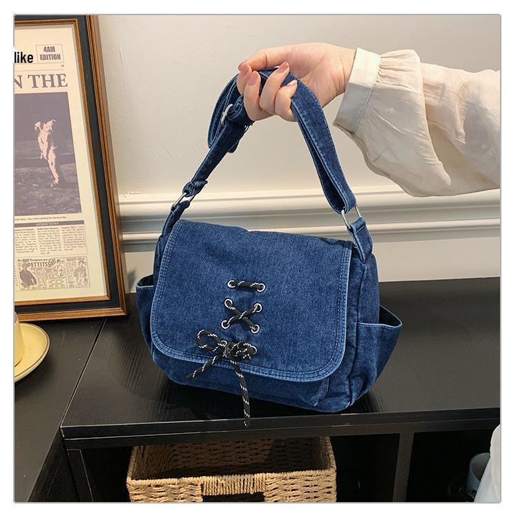 Korean Style Denim One-Shoulder Bag with Drawstring, Large Capacity Crossbody for School and Travel