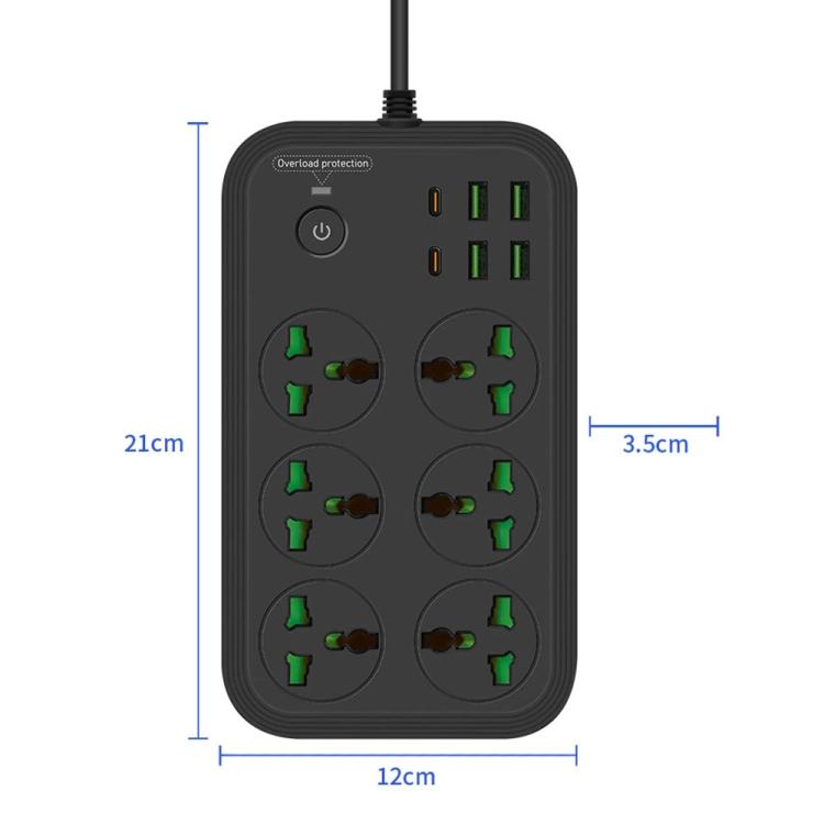 T24 2m 3000W 6 Plugs + PD + 4-USB Ports Multifunctional Flame-Retardant Socket With Switch