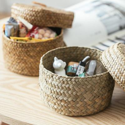 Weaving Snack Storage Box Jute Sundries Storage Baskets With Lids Wardrobe Table Round Gift Box Wicker Organizer Case