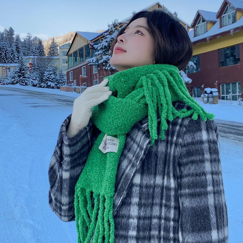 Contains Wool Green Knitted Scarf Women's New Winter Atmosphere Sense Advanced Sense Thickened Warm Scarf