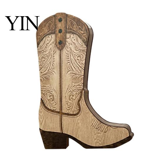 Farmhouse Flower Arrangement Holder Wooden Cowboy Boots Wall Planter for Indoor Plants, Western Boot Hanging Vase Decorative Wood Grain Sculpture Faux