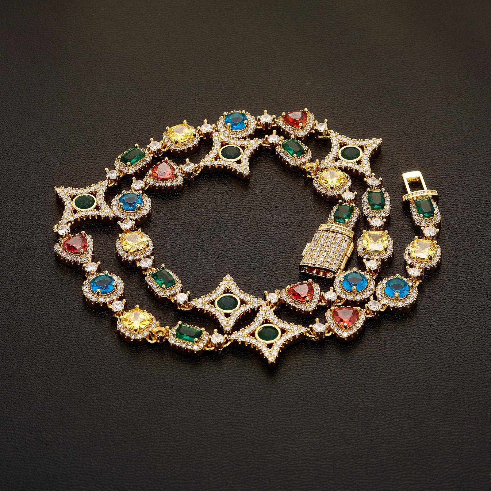 

Hip Hop Colored Gemstone Chain Zircon Men s Star Necklace Fashion Triangle Bracelet 7 inches