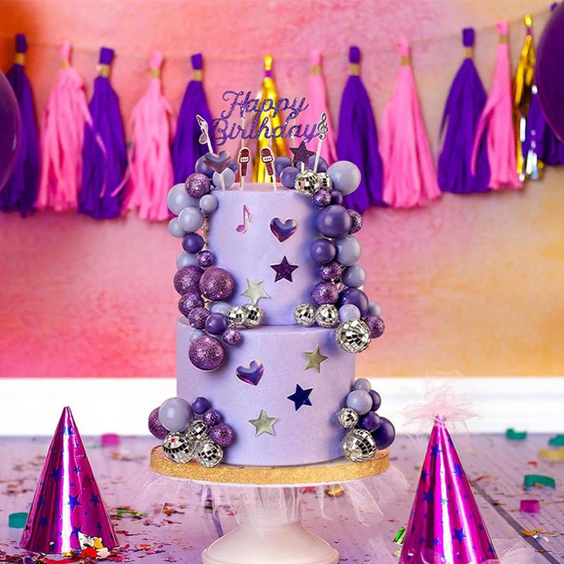 32Pcs Cake Toppers Purple Disco Balls Diy Cake Decoration Accessories Themed Birthday Party Supplies Kpop Music Party Decoration