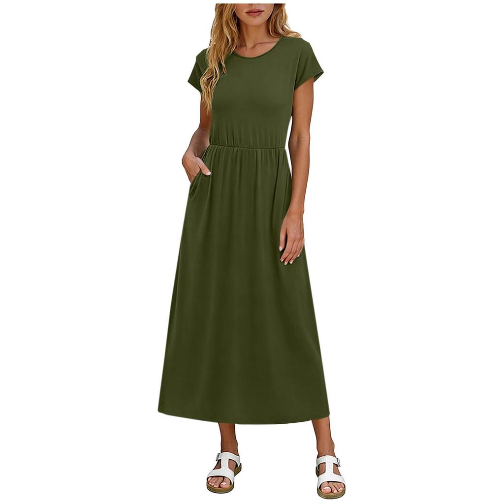 Short Sleeve Crew Neck Casual Maxi Dress for Women Elegant A Line Summer Dresses for Women UK Womens Summer Dresses