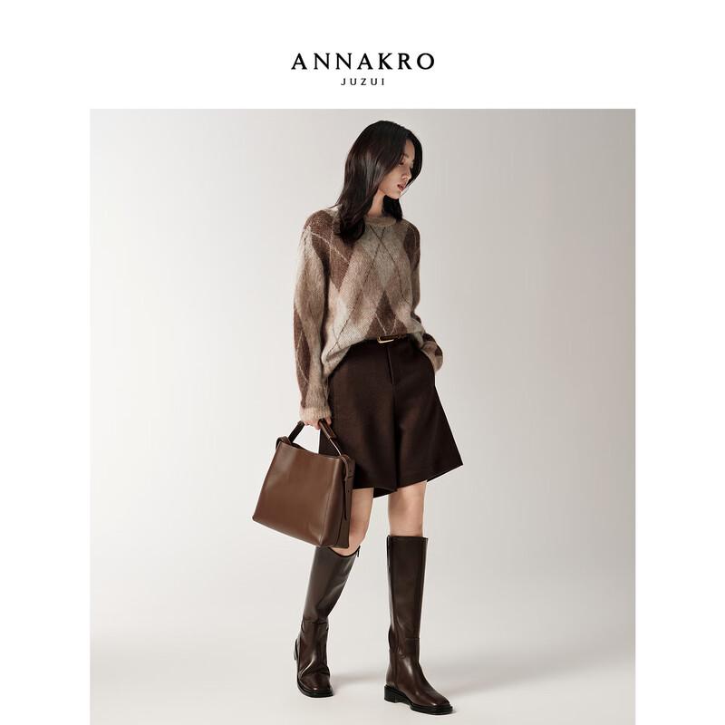 JZ ANNAKO Γυναικείο Πλεκτό Πουλόβερ από Μαλλί με Καρό Σχέδιο και Κατεβασμένους Ώμους