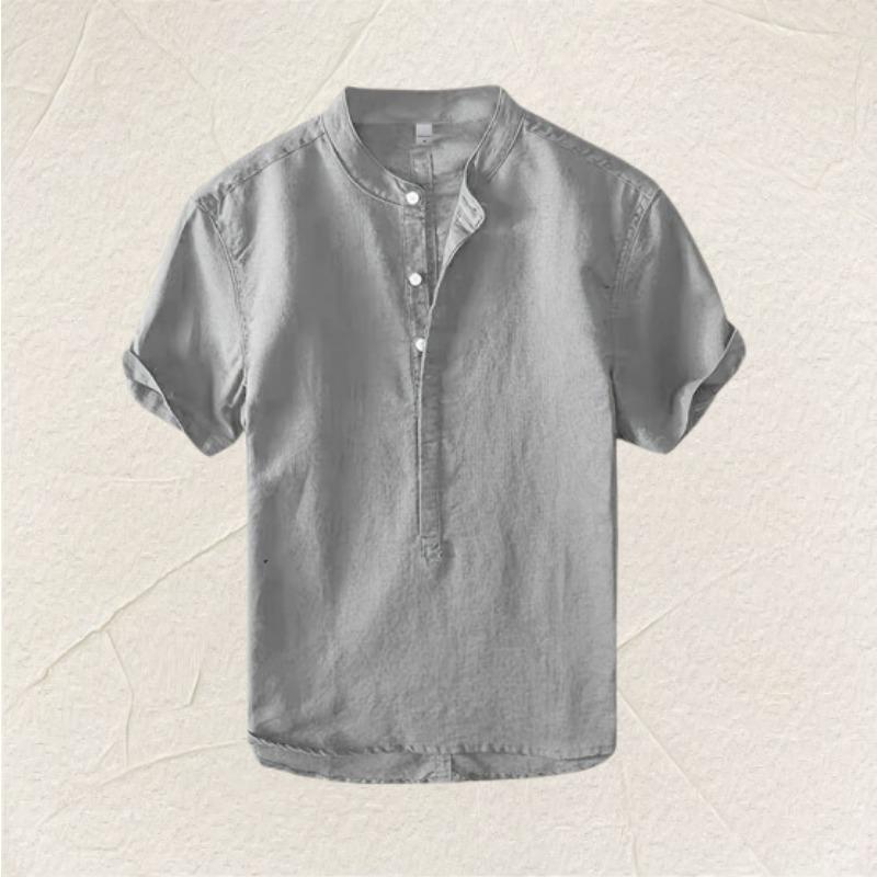 Men S Casual Solid Color Short Sleeve Stand Collar Loose Fit Shirt