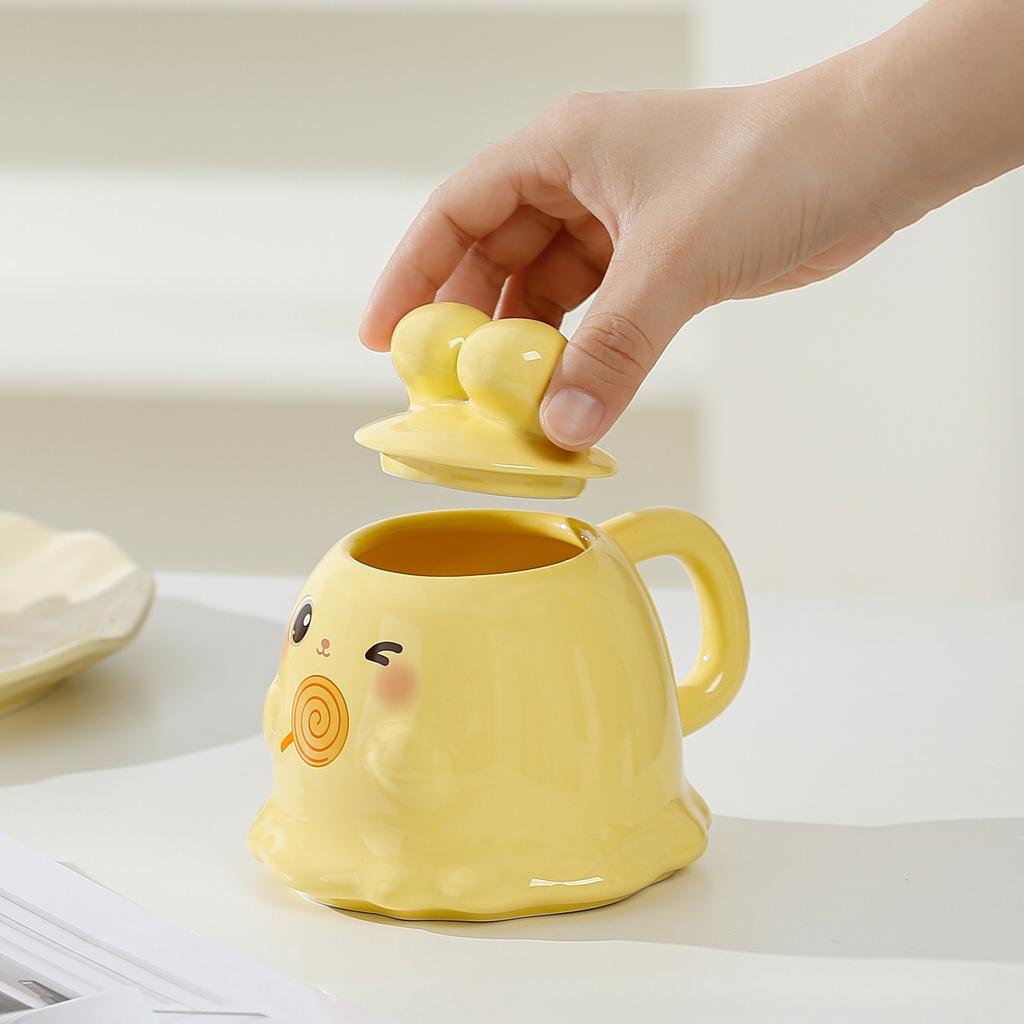 Cute 3D Rabbit Ceramic Mug with Lid Couple Coffee Milk Tea Water Cup Large Capacity Breakfast Cups Household Drinkware
